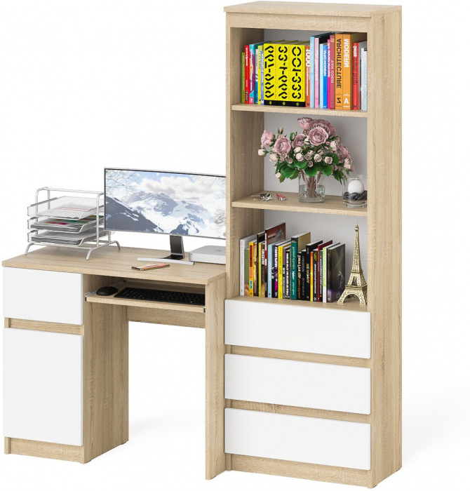 Мори Стол компьютерный МС-1 левый + Стеллаж МСТ600.3, цвет дуб сонома/белый, ШхГхВ 150,4х50х179,6 см., выдвижной ящик слева, НЕ универсальная сборка