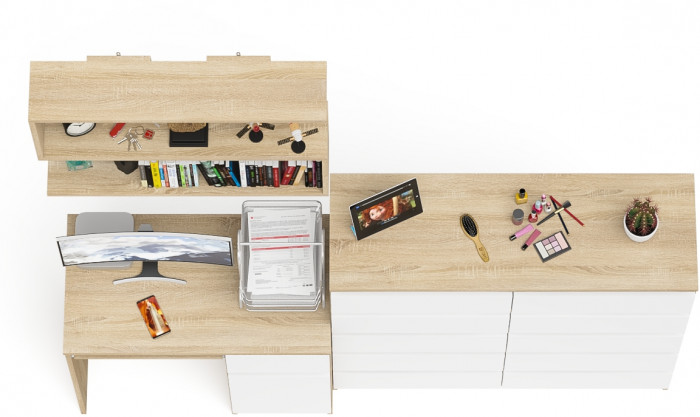 Мори Стол компьютерный МС-1 правый + Комод МК1200.10 + Полка 900, цвет дуб сонома/белый, ШхГхВ 210,4х50х209,6 см., НЕ универсальная сборка