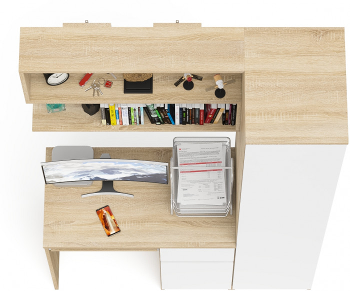 Мори Стол компьютерный МС-1 правый + Пенал МШ400.1 + Полка 900, цвет дуб сонома/белый, ШхГхВ 130,4х50,4х209,6 см., НЕ универсальная сборка