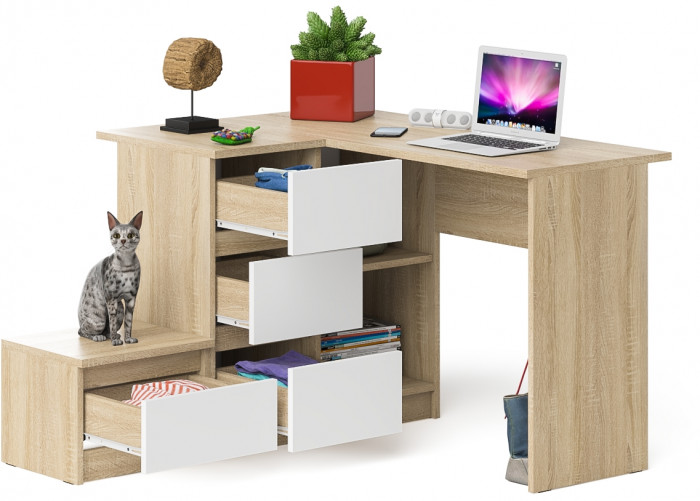 Мори Стол компьютерный МС-16 левый + Тумба ТМП400.1, цвет дуб сонома/белый, ШхГхВ 164,8х84,9х76,6 см., выдвижные ящики слев, НЕ универсальная сборкаа