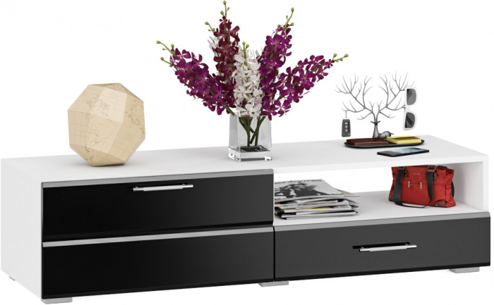 Тумба под ТВ Ларго 1,4, цвет корпус белый/фасады МДФ чёрный глянец, ШхГхВ 140х46х35 см., НЕ универсальная сборка