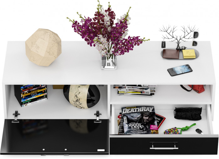 Тумба под ТВ Ларго 1,4, цвет корпус белый/фасады МДФ чёрный глянец, ШхГхВ 140х46х35 см., НЕ универсальная сборка