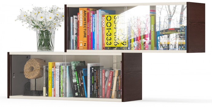 Две полки книжных С-МД-КН01, цвет венге/дуб, ШхГхВ размер каждой полки в отдельности: 83х25х30 см., стеклянные дверцы