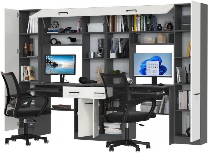 Два стола рабочих 6-0603 Альфа + два кресла 103 чёрных, графит/белый