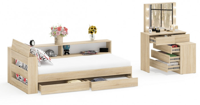 Ксения Кровать с ящиками 0900 + прикроватный блок + Столик с подсветкой 110, дуб сонома