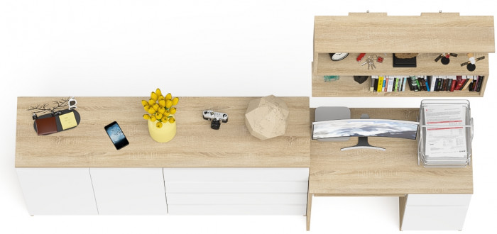 Мори компьютерный стол МС-1 правый + Комод МК1600.1 + Полка 900, дуб сонома/белый