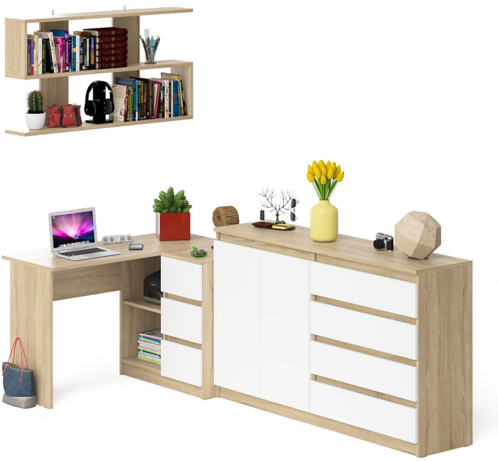 Мори компьютерный стол МС-16 правый + Комод МК1600.1 + Полка 1200, дуб сонома/белый