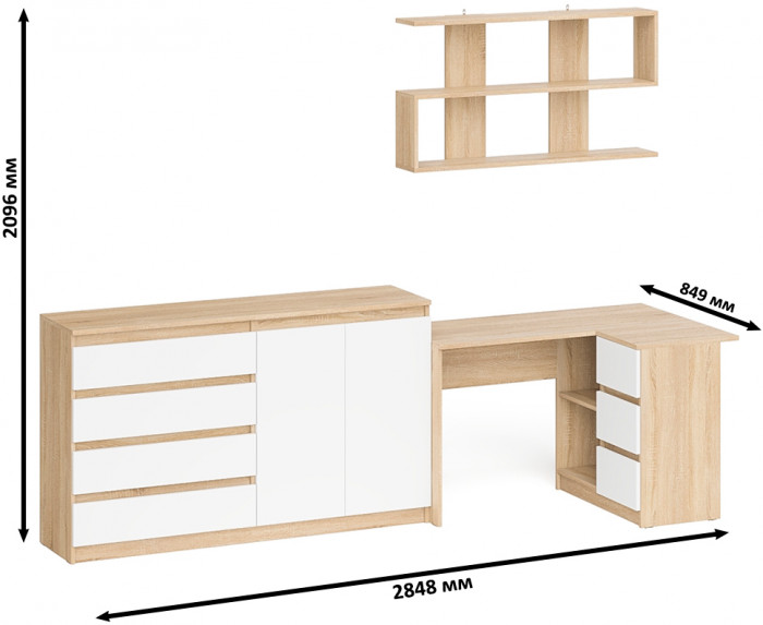 Мори компьютерный стол МС-16 правый + Комод МК1600.1 + Полка 1200, дуб сонома/белый