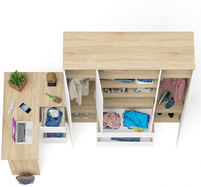 Мори компьютерный стол МС-16 правый + Шкаф МШ1600.1, дуб сонома/белый