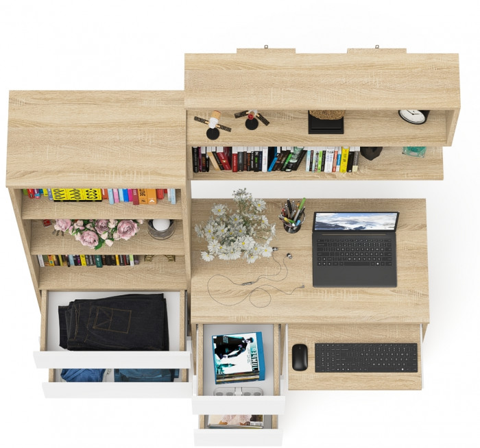 Мори компьютерный стол МС-6 левый + Стеллаж МСТ600.3 + Полка 900, дуб сонома/белый