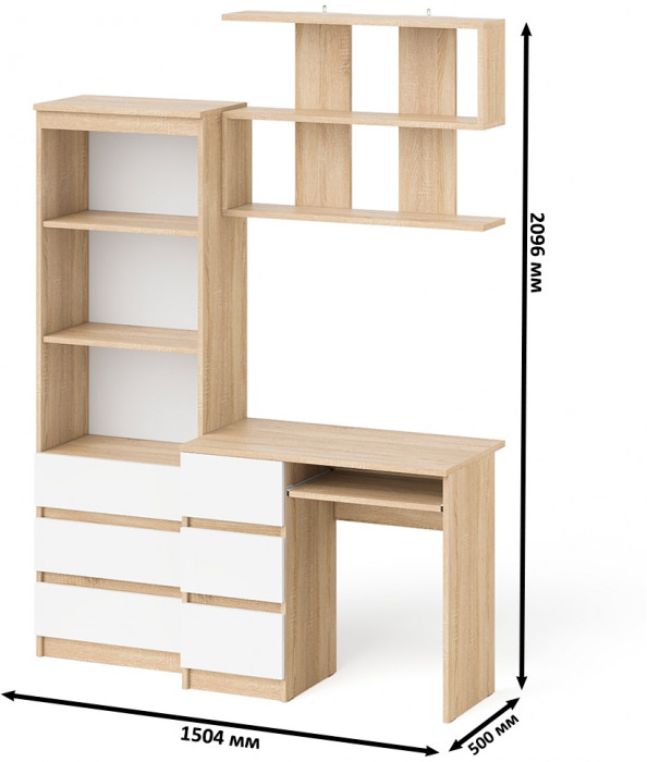 Мори компьютерный стол МС-6 левый + Стеллаж МСТ600.3 + Полка 900, дуб сонома/белый