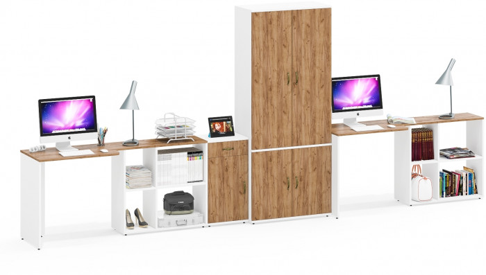 Лидер-8 Стол + Стол + Шкаф МД 20Б + Тумба МД 3.15, цвет белый шагрень/крафт золото, ШхГхВ 450х50/37,5х75/190 или 230х200/50х75/190 см., НЕ ун. сб.