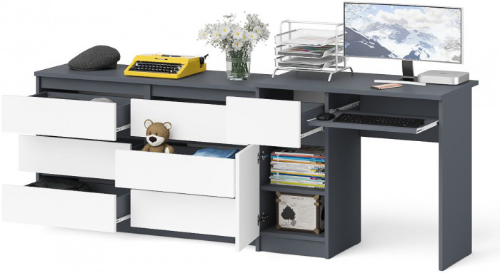 Мори компьютерный стол МС-1 левый + Комод МК1200.6, графит/белый
