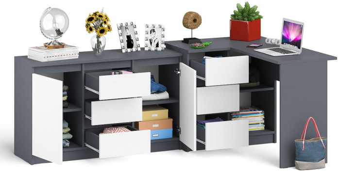 Мори Стол компьютерный МС-16 левый + Комод МК1200.3, цвет графит/белый, ШхГхВ 244,8х84,9х76,6 см., выдвижные ящики слева, НЕ универсальная сборка