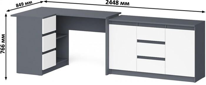 Мори Стол компьютерный МС-16 левый + Комод МК1200.3, цвет графит/белый, ШхГхВ 244,8х84,9х76,6 см., выдвижные ящики слева, НЕ универсальная сборка