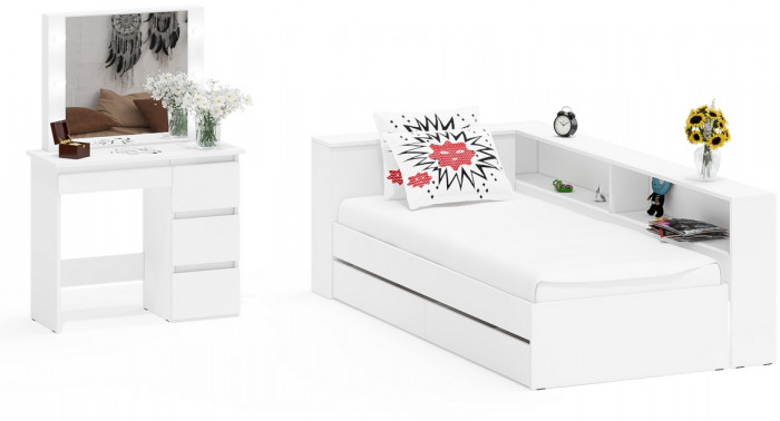 Ксения Кровать с ящиками 0900 + прикроватный блок + Столик с подсветкой Сура, белый