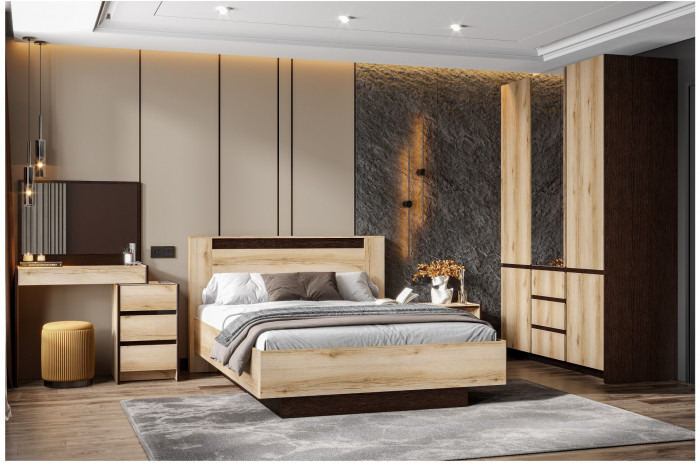 Кровать двойная №3 (универсальная 1.6х2.0 Страйп) Серия 2 Дуб Делано/Дуб Венге