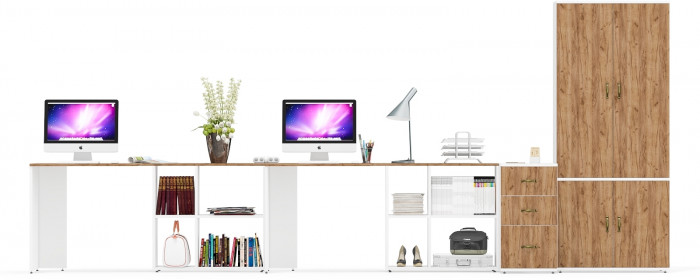 Лидер-8 Стол + Стол + Шкаф МД 20Б + Тумба МД 3.16, цвет белый шагрень/крафт золото, ШхГхВ 450х50/37,5х75/190 или 230х200/50х75/190 см., НЕ ун. сб.