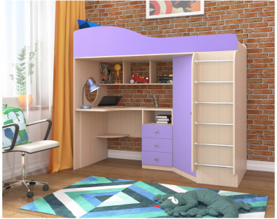 Кровать-чердак Кадет 1 с металлической лестницей (Дуб молочный/Ирис)