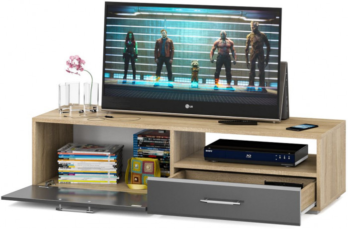 Тумба под ТВ Ларго 1,4, цвет корпус дуб сонома/фасады МДФ графитово-серый глянец, ШхГхВ 140х46х35 см., НЕ универсальная сборка