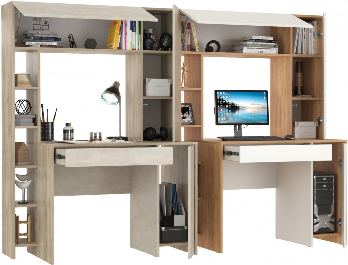 КР100 Два стола компьютерных Комфорт 12.71, цвет дуб крафт серый/шёлковый камень/дуб золотой/белый, ШхГхВ 233,4х60,2х165,4 см., НЕ универс. сборка