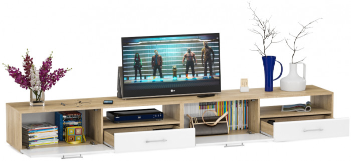 Тумба под ТВ Ларго 1, корпус дуб сонома/фасады МДФ белый глянец