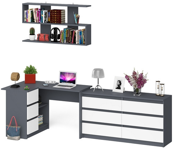 Мори компьютерный стол МС-16 левый + Комод МК1380.6 + Полка 1200, графит/белый