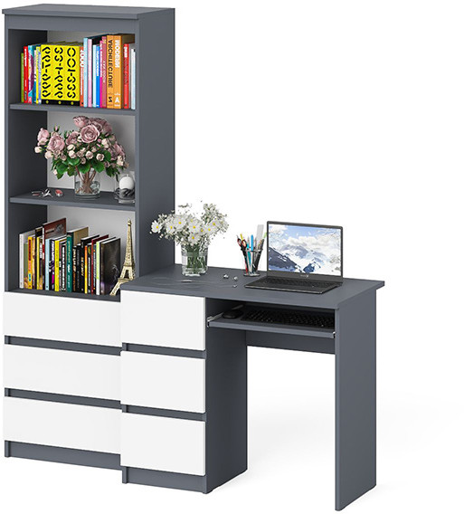 Мори компьютерный стол МС-6 левый + Стеллаж МСТ600.3, графит/белый