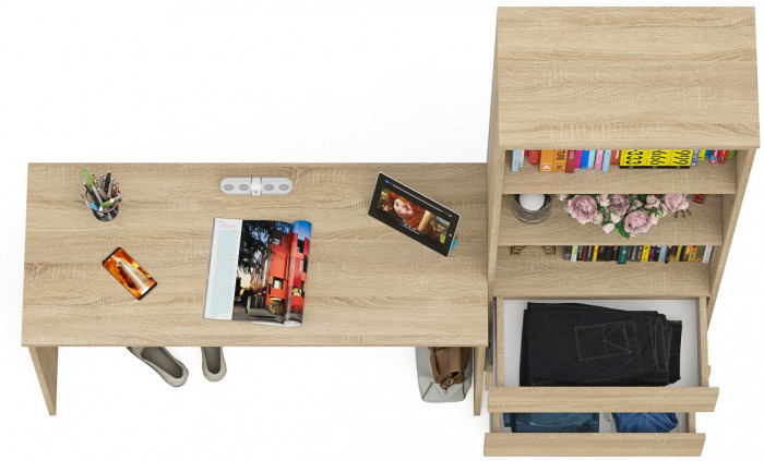 Мори Стол письменный МСП1200.1 + Стеллаж МСТ600.3, цвет дуб сонома, ШхГхВ 180,8х50х179,6 см., универсальная сборка