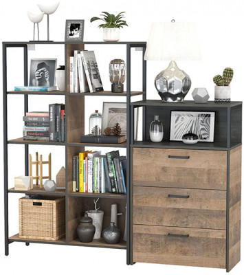 Трувор 13.151.02 Стеллаж + 13.307.02 Комод с ящиками, цвет дуб гранж песочный/интра, ШхГхВ 156х37х146 см., универсальная сборка