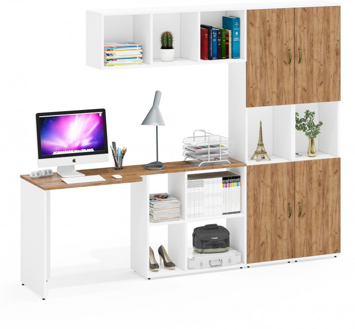 Лидер-8 Стол + Полка + Пенал + Пенал, цвет белый шагрень/крафт золото, ШхГхВ 245х50/30х75/190 или 160х115/30х75/190 см., НЕ универсальная сборка