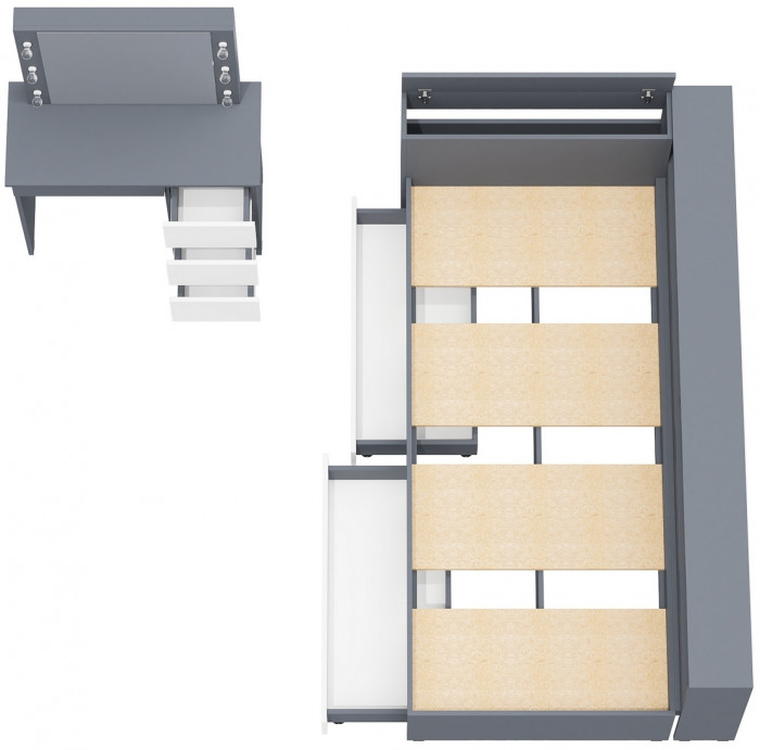 Ксения Кровать с ящиками 0900 + прикроватный блок + Столик с подсветкой Сура, графит/белый