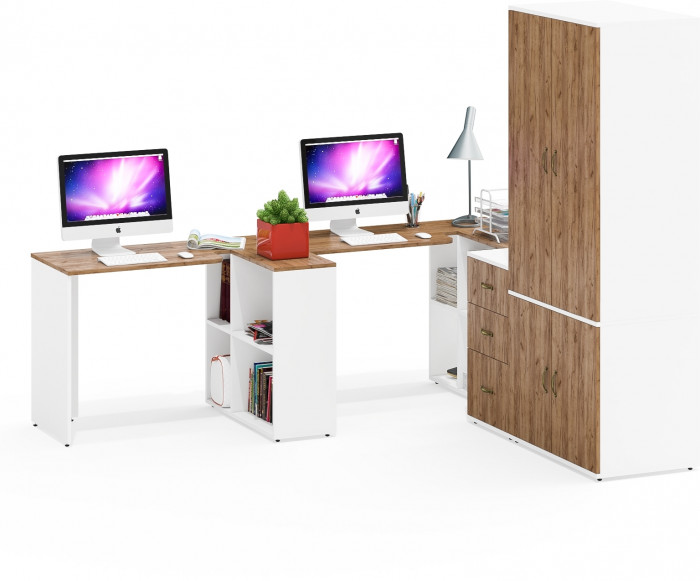 Лидер-8 Стол + Стол + Шкаф МД 19Б + Тумба МД 3.16, белый шагрень/крафт золото