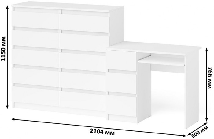 Мори Стол компьютерный МС-6 левый + Комод МК1200.10, цвет белый, ШхГхВ 210,4х50х115 см., выдвижные ящики слева, НЕ универсальная сборка