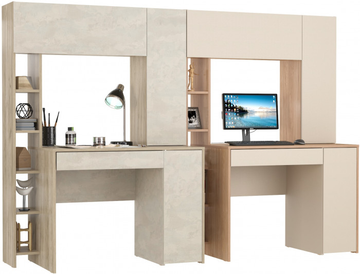 КР100 Два стола компьютерных Комфорт 12.71, цвет дуб крафт серый/шёлковый камень/гикори рокфорд натуральный/сатин, 233,4х60,2х165,4 см., НЕ ун. сб.