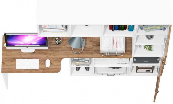 Лидер-8 Стол + Полка + Пенал, цвет белый шагрень/крафт золото, ШхГхВ 205х50/30х75/190 или 115х50/120х75/190 см., НЕ универсальная сборка