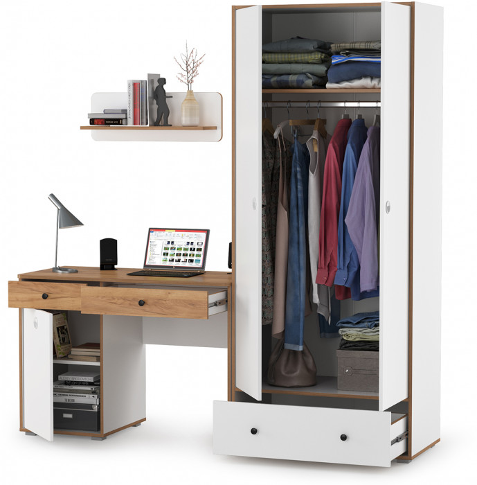 Вуди Компоновка № 18, цвет белый премиум/дуб крафт золотой, ШхГхВ 196х52,7х205 см., универсальная сборка