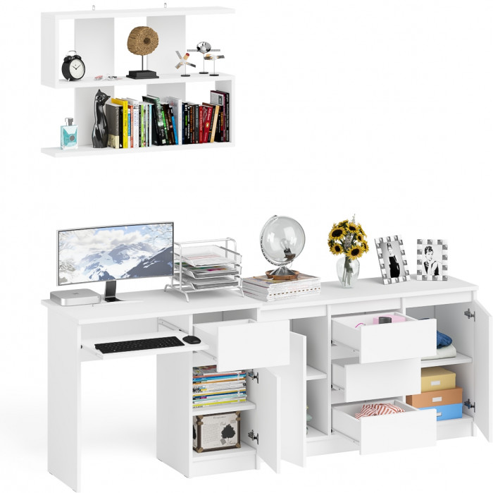 Мори Стол компьютерный МС-1 правый + Комод МК1200.3 + Полка 900, цвет белый, ШхГхВ 210,4х50х209,6 см., НЕ универсальная сборка