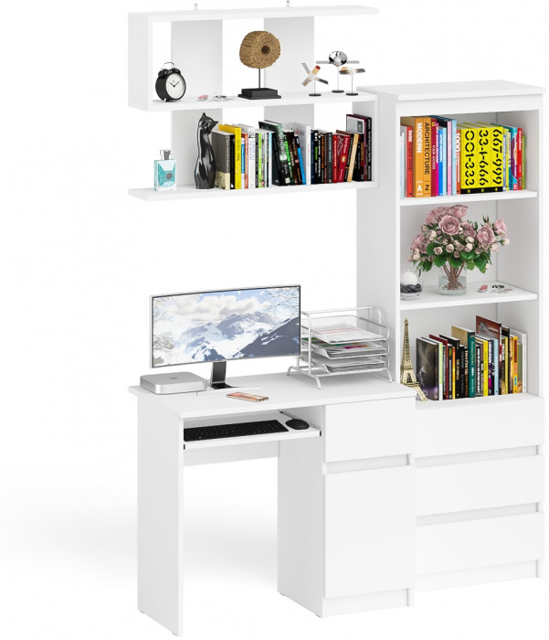 Мори Стол компьютерный МС-1 правый + Стеллаж МСТ600.3 + Полка 900, цвет белый, ШхГхВ 150,4х50х209,6 см., НЕ универсальная сборка
