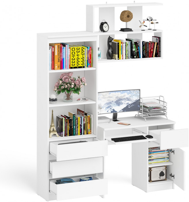 Мори Стол компьютерный МС-1 правый + Стеллаж МСТ600.3 + Полка 900, цвет белый, ШхГхВ 150,4х50х209,6 см., НЕ универсальная сборка