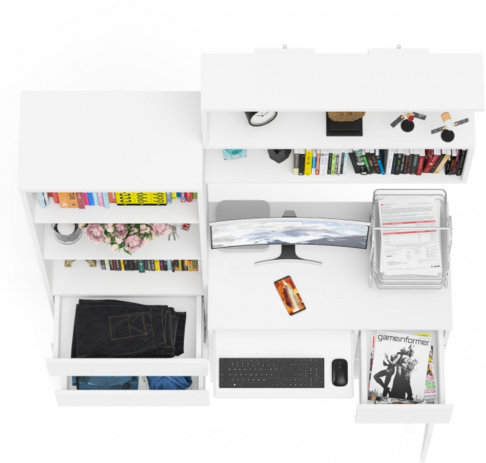 Мори Стол компьютерный МС-1 правый + Стеллаж МСТ600.3 + Полка 900, цвет белый, ШхГхВ 150,4х50х209,6 см., НЕ универсальная сборка