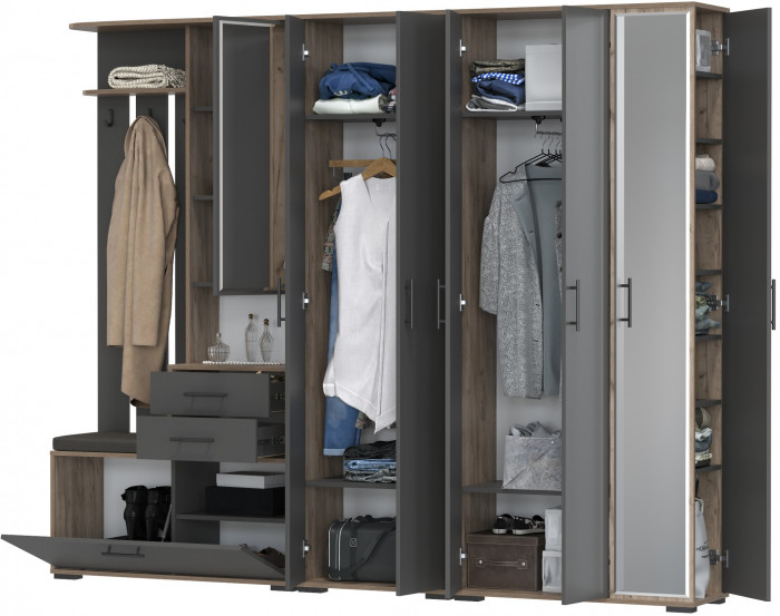 Прихожая Домино 6, цвет дуб крафт табачный/графит, ШхГхВ 248х36х202 см., универсальная сборка