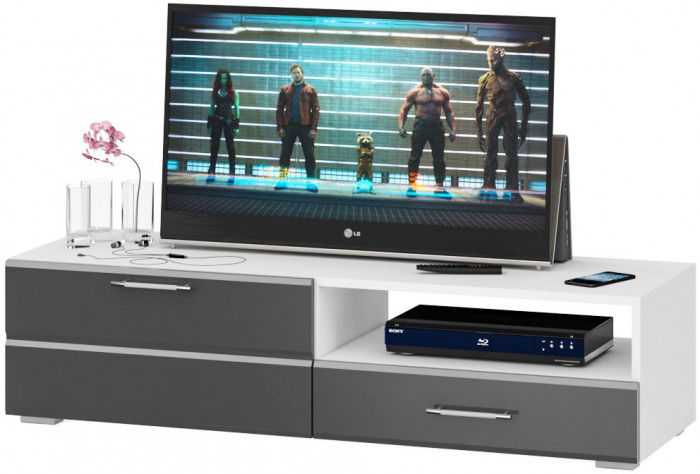 Тумба под ТВ Ларго 1, корпус белый/фасады МДФ графитово-серый глянец