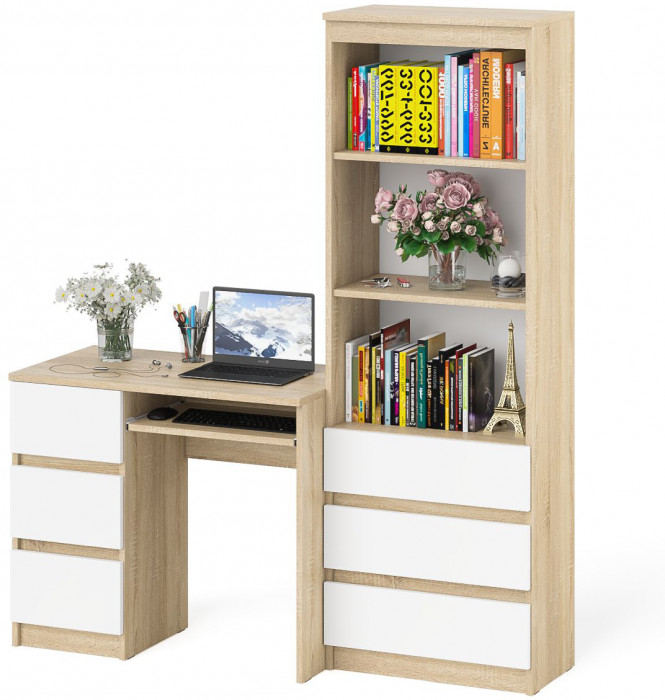 Мори компьютерный стол МС-6 левый + Стеллаж МСТ600.3, дуб сонома/белый