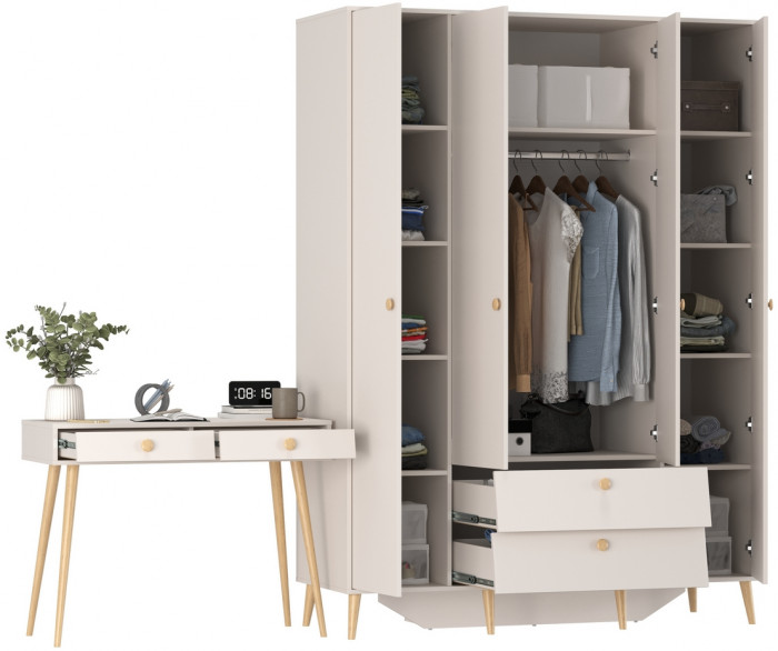 Афина Спальня Шкаф 4-х дверный + Стол, цвет кашемир серый, ШхГхВ 160х56,3х220 + 100х45х76 см., универсальная сборка