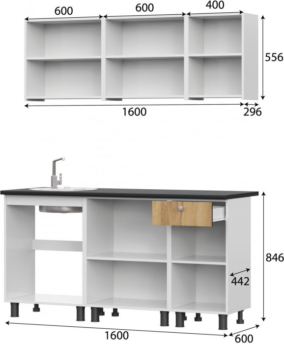 Кухонный гарнитур "КГ - 1(1600)" Белый / Дуб золотой / Чёрный