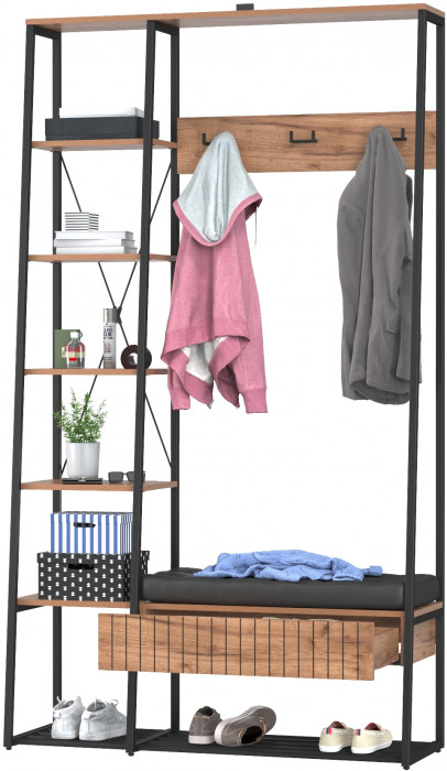 Гранд 15.124N Прихожая, цвет дуб крафт табачный/искуственная кожа чёрная, ШхГхВ 116х38,6х203,4 см., универс. сборка, съёмные решётки для обуви, ящик