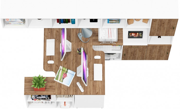 Лидер-8 Стол + Полка + Стол + Полка + Пенал + Тумба МД 3.15, цвет белый шагрень/крафт золото, 410х50/30х75/190 или 230х50/160х75/190 см., НЕ ун. сб.