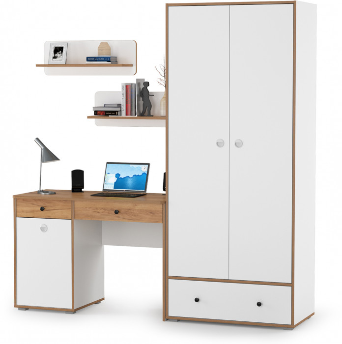 Вуди Компоновка № 19, цвет белый премиум/дуб крафт золотой, ШхГхВ 196х52,7х205 см., универсальная сборка