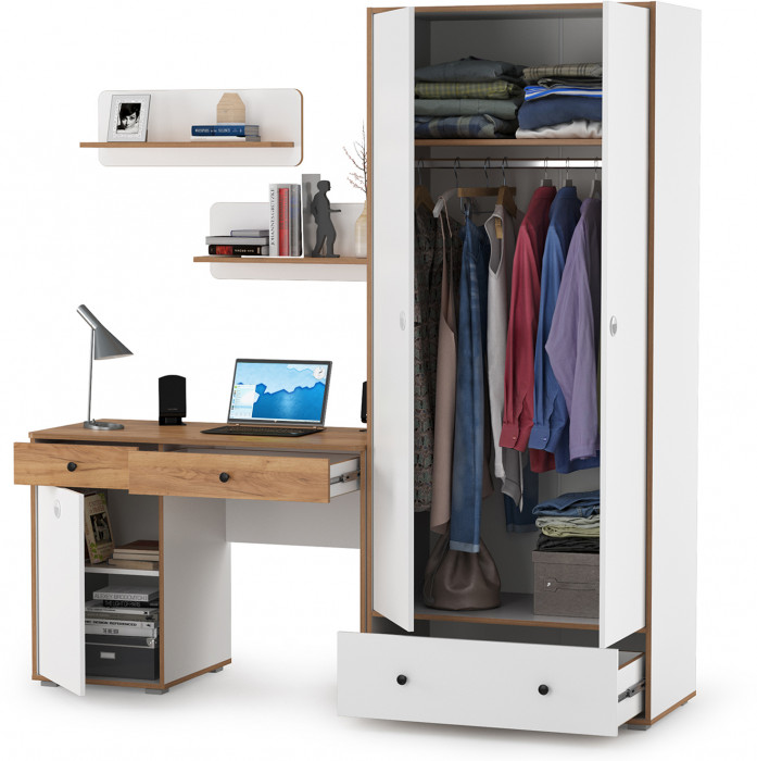 Вуди Компоновка № 19, цвет белый премиум/дуб крафт золотой, ШхГхВ 196х52,7х205 см., универсальная сборка